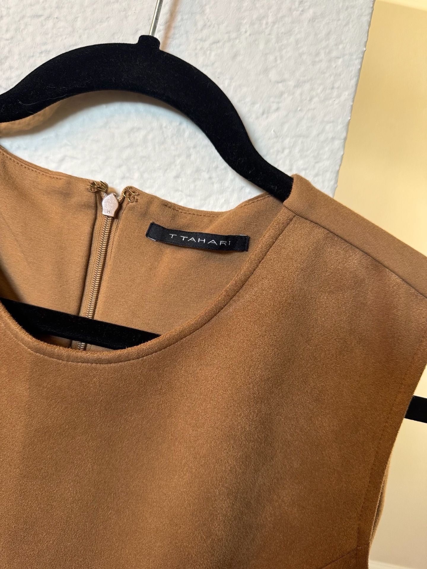 T Tahari Faux Suede Peplum Sleeveless Top Brown 3