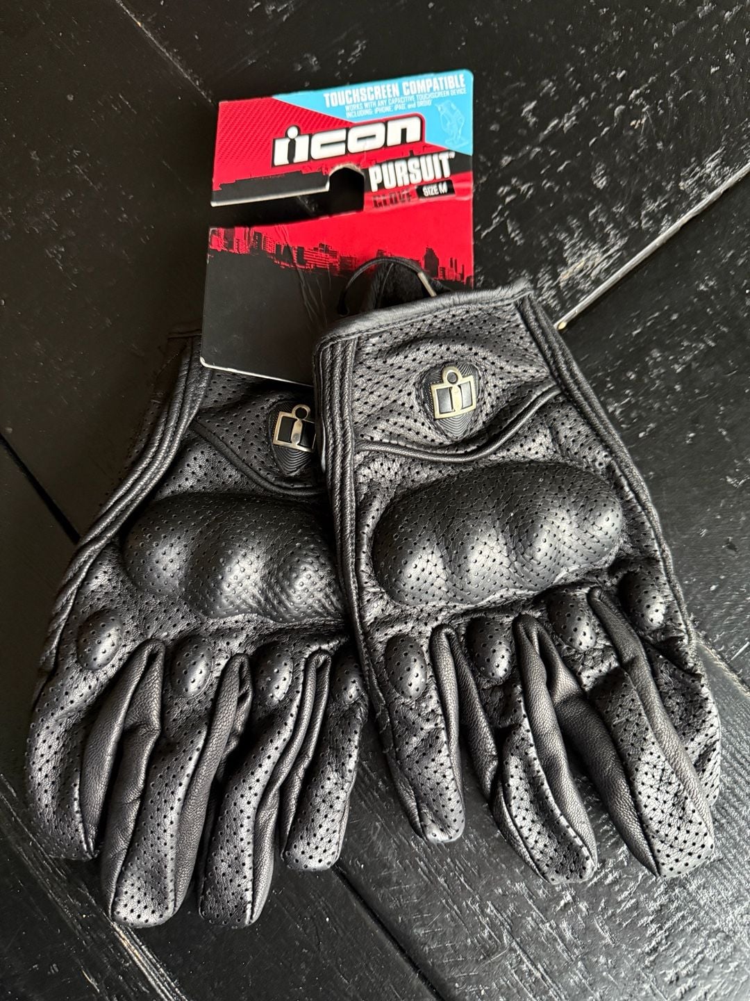 NWT! Icon Pursuit Touch Motorcycle Gloves - Size M Black Leather Perforated 1