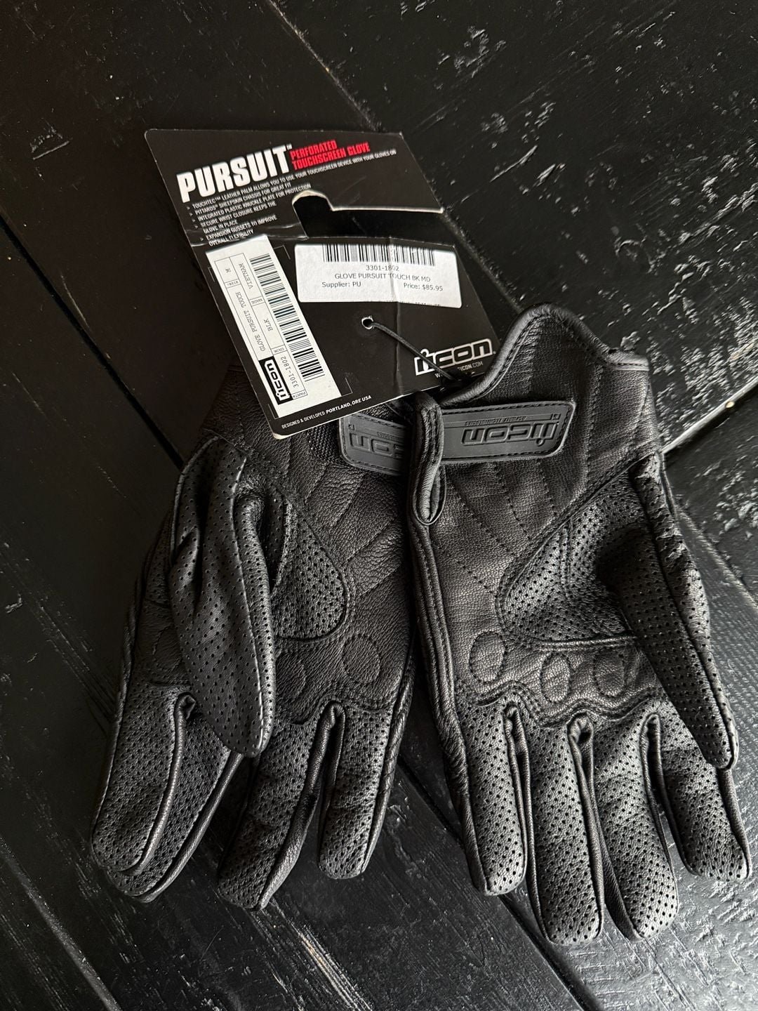 NWT! Icon Pursuit Touch Motorcycle Gloves - Size M Black Leather Perforated 2