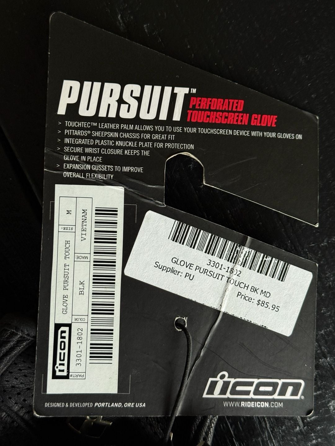 NWT! Icon Pursuit Touch Motorcycle Gloves - Size M Black Leather Perforated 4
