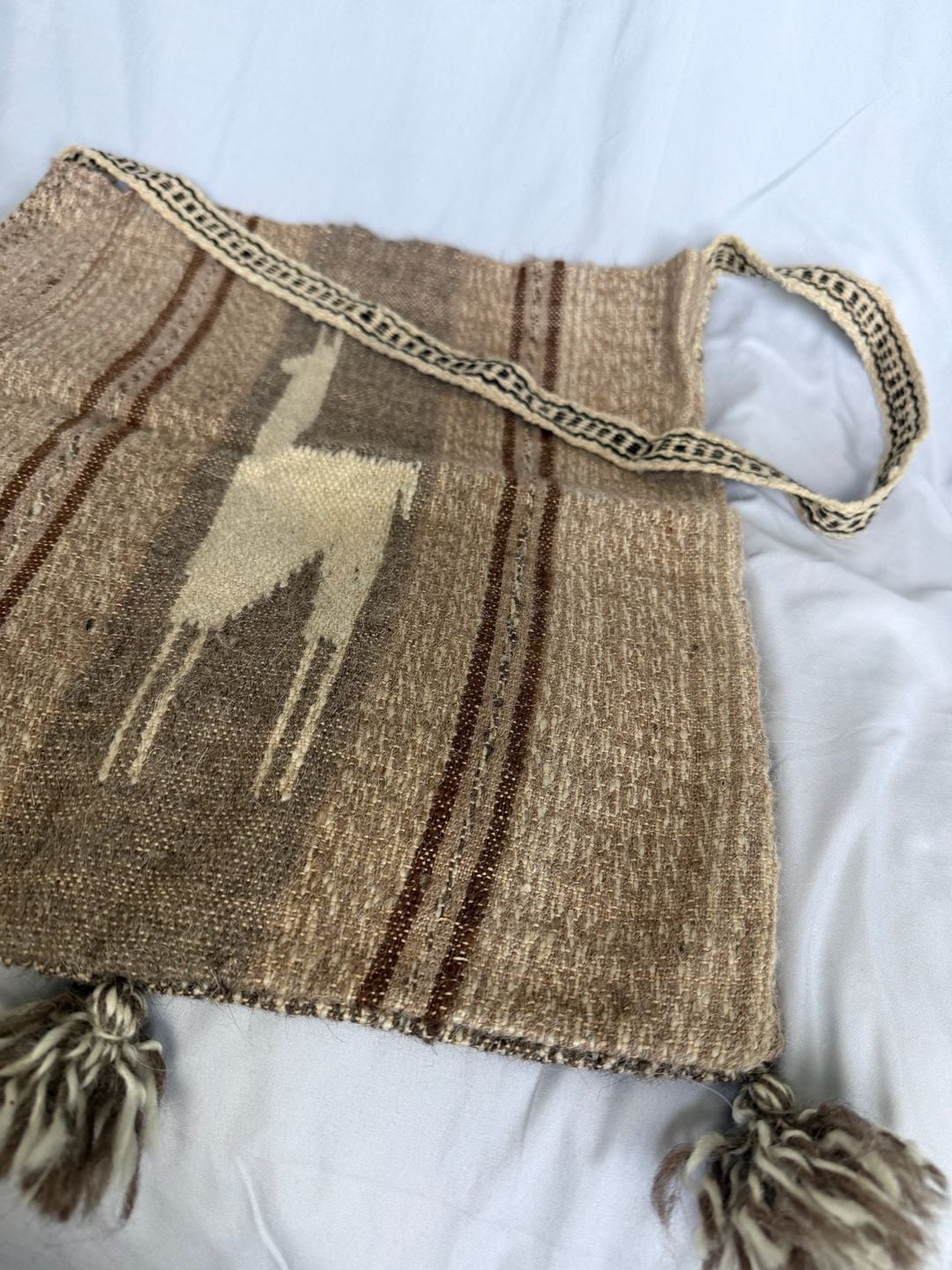 Peruvian Alpaca Wool Crossbody Bag Llama Motif Brown Tassels 9