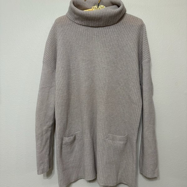 Ellen Tracy Turtleneck Sweater Size XL Beige Pocket Ribbed Wool