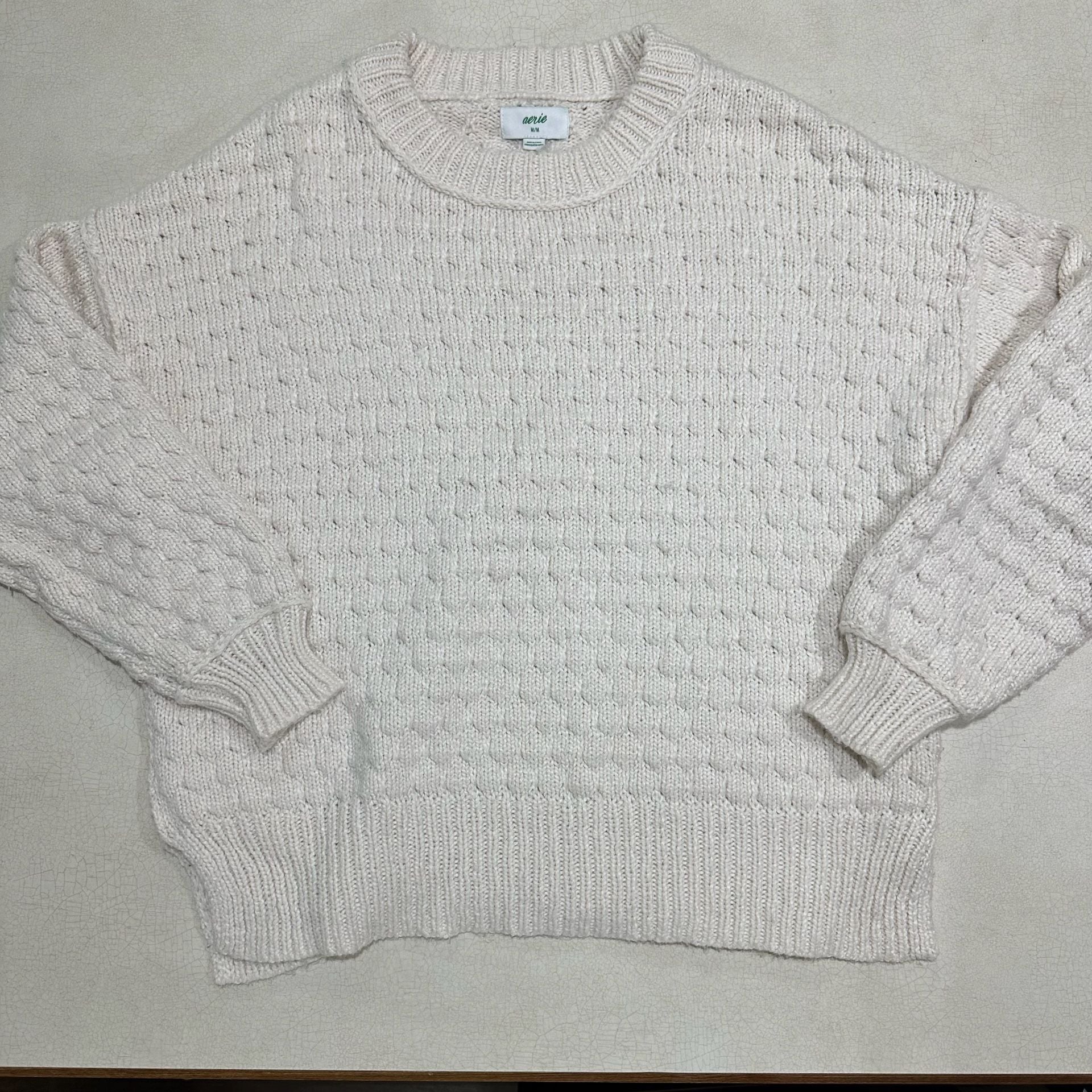 Aerie Textured Pullover Sweater Size M Cream Cotton Blend Crewneck 7