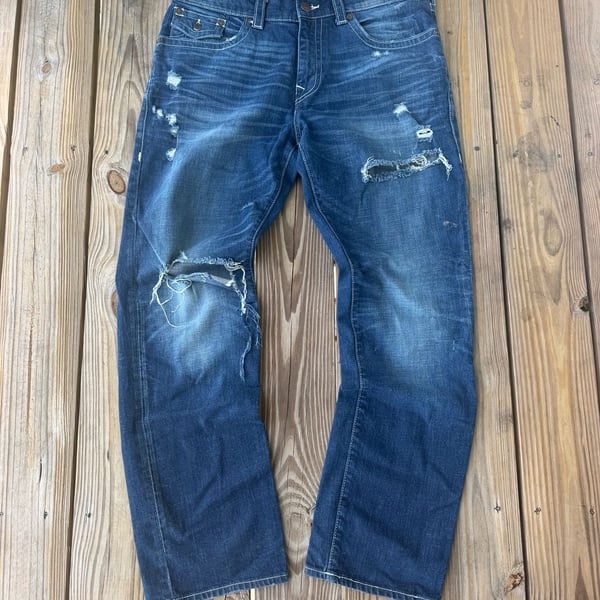 True Religion Ricky Relaxed Straight Jeans Size 36 Blue Distressed