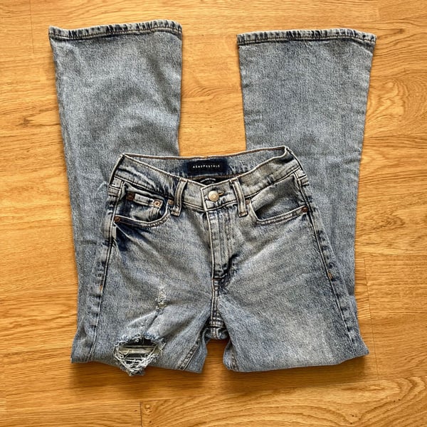 Aeropostale High Rise Flare Jeans Distressed Acid Wash Womens 000 Short