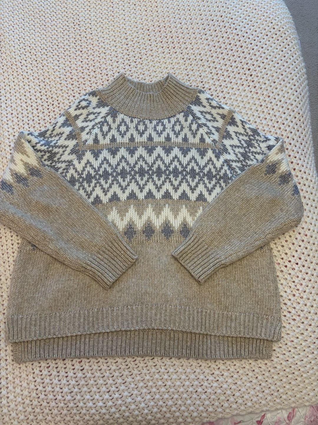 Lucky Brand Fair Isle Mock Neck Sweater Size XL Beige Gray Knit Pullover 2