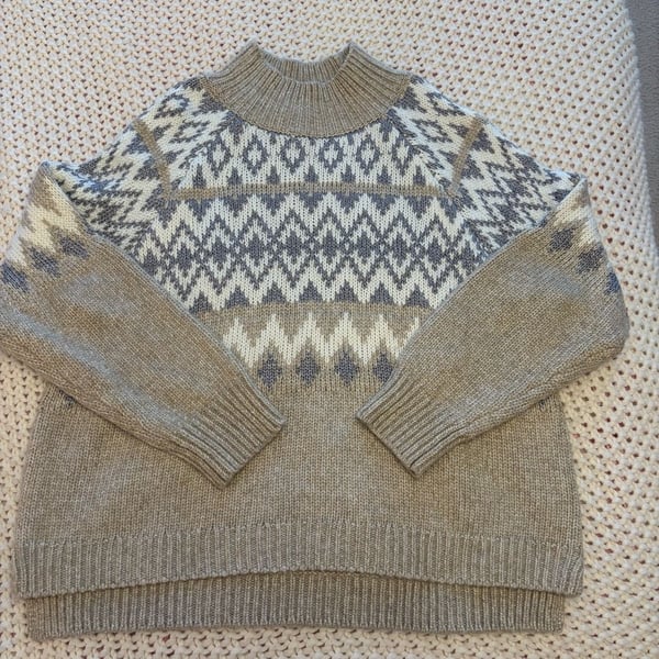 Lucky Brand Fair Isle Mock Neck Sweater Size XL Beige Gray Knit Pullover