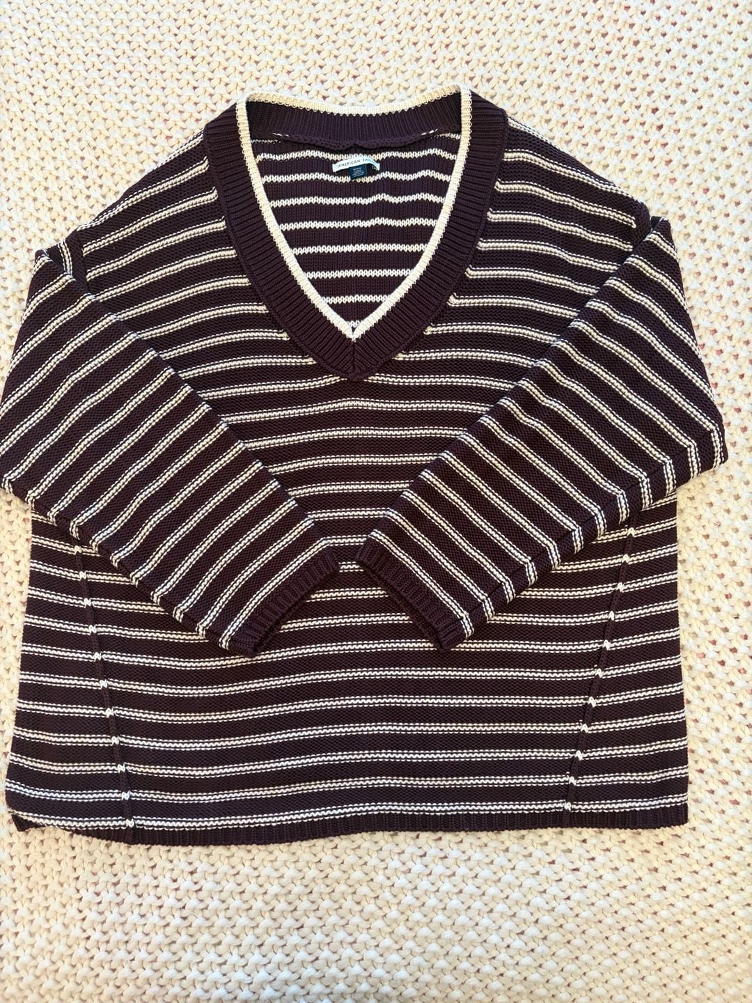 American Eagle Striped V-Neck Sweater Size M Brown 2