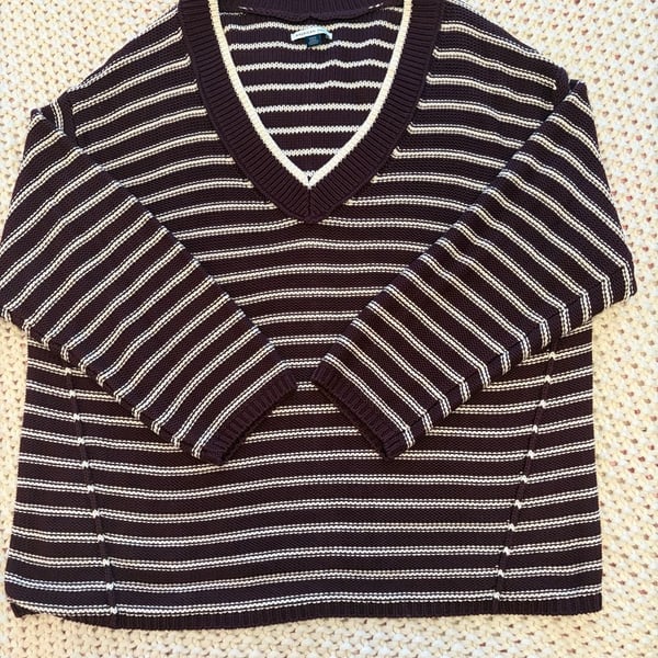 American Eagle Striped V-Neck Sweater Size M Brown