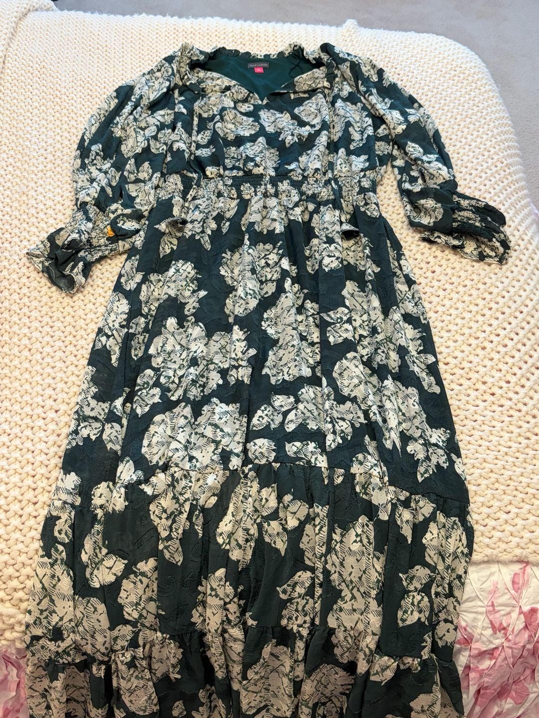 Vince Camuto Long Sleeve Smocked Maxi Dress Size XL Forest Green Floral 2