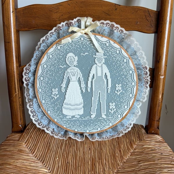 Vintage Amish Couple Lace Hoop Art