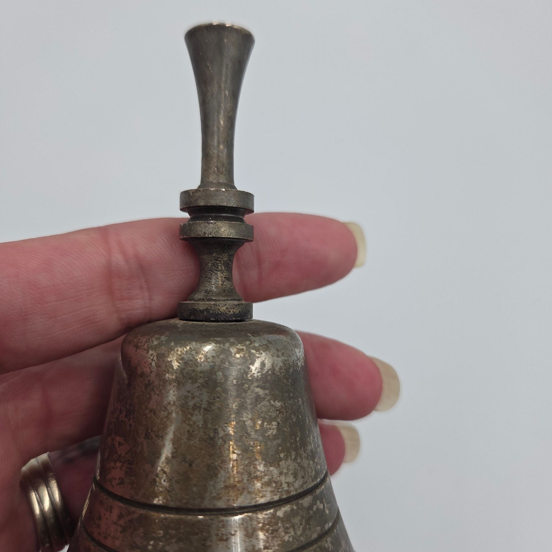 Vintage Silver Plated Metal Hand Bell Tarnish Finish Hong Kong 8