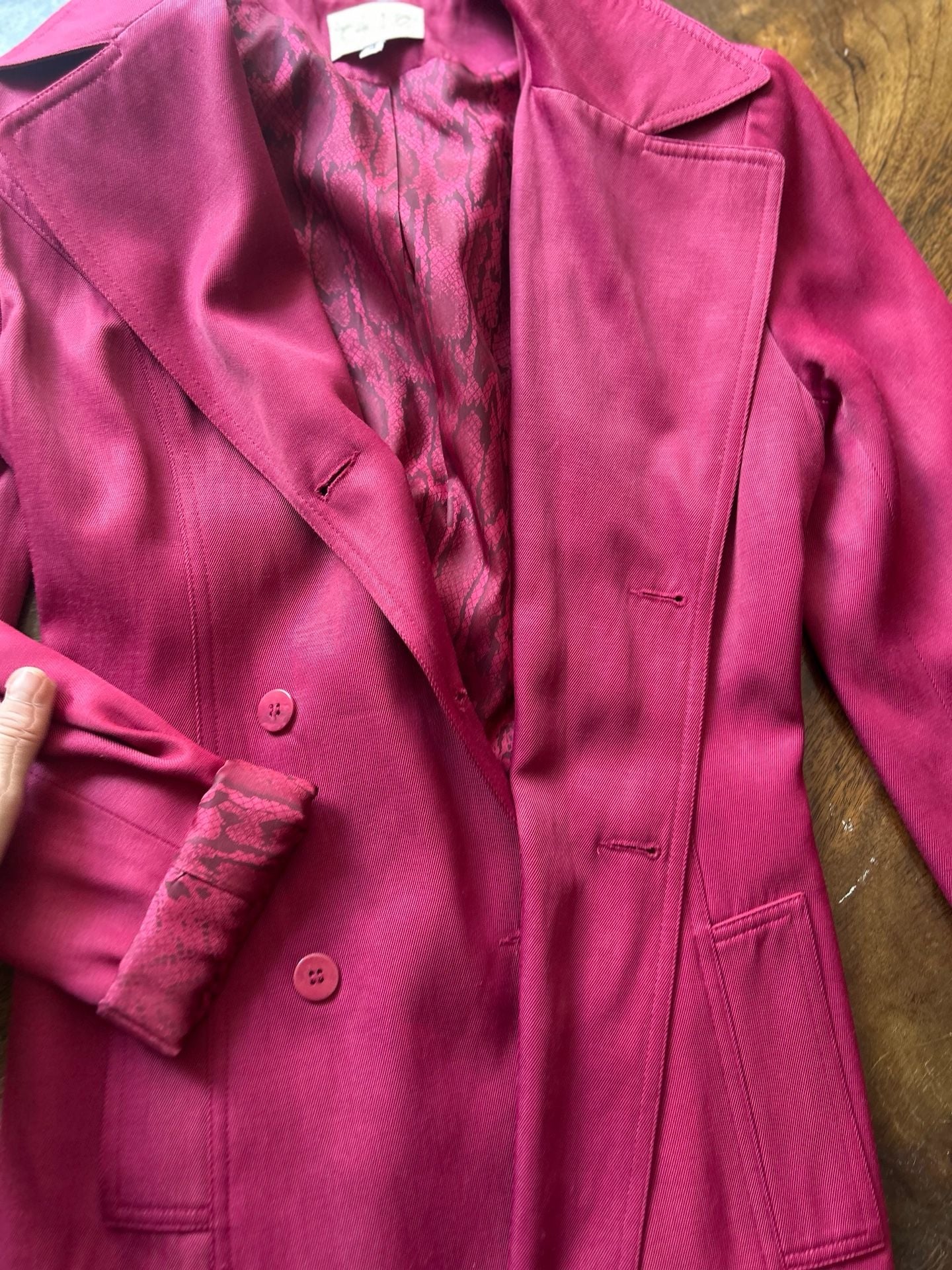 Cache Trench Coat Size 4 Pink Snake Print Lining Double Breasted 13
