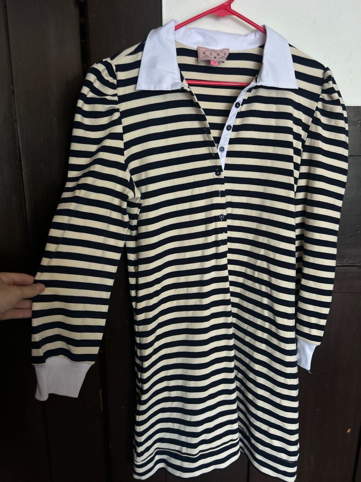 Buru Striped Rugby Dress Size M Black White Collar Puffed Sleeves 2