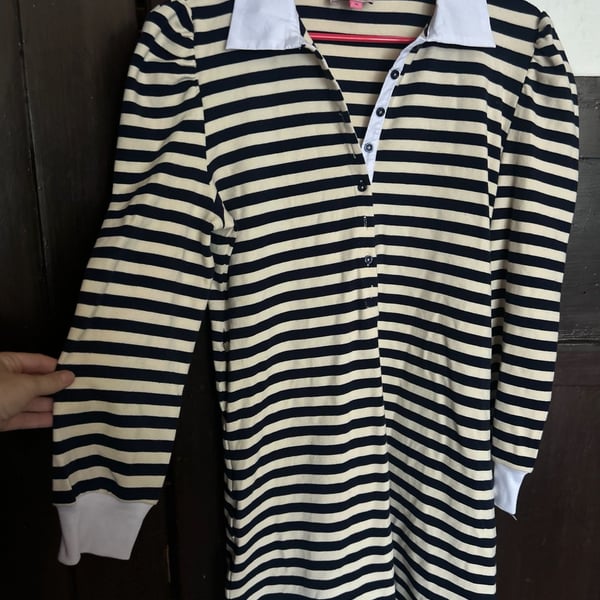 Buru Striped Rugby Dress Size M Black White Collar Puffed Sleeves