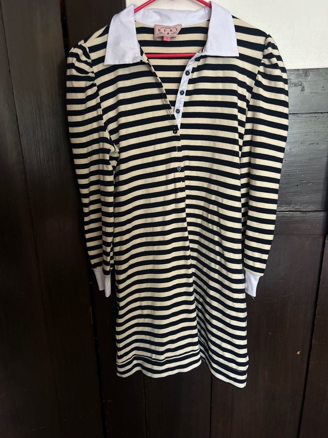 Buru Striped Rugby Dress Size M Black White Collar Puffed Sleeves 7