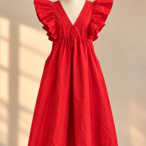 Maeve Anthropologie Red Ruffle Flutter Sleeve Empire Waist Midi Dress M