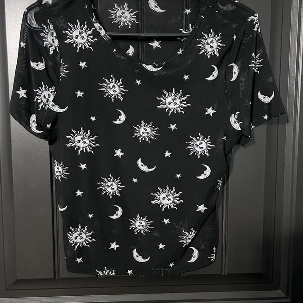 Celestial Mesh Short Sleeve Top Black Sun Moon 