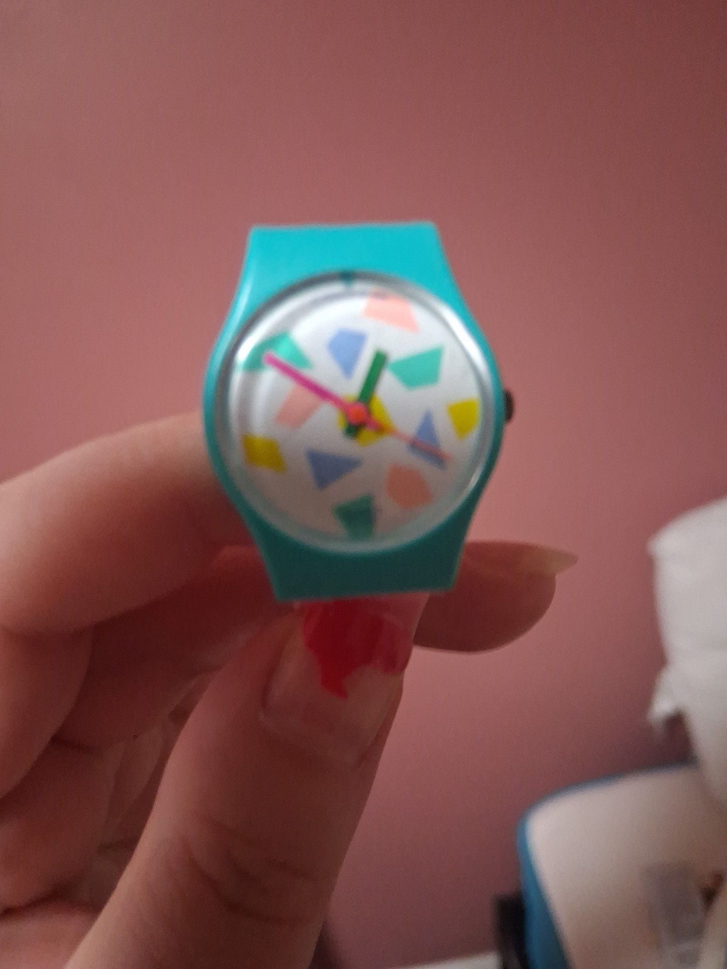 Swatch Lady Pink Lolly Watch Multi Geometric Dial Pink Strap 1