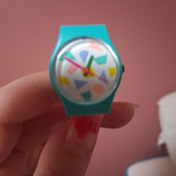 Swatch Lady Pink Lolly Watch Multi Geometric Dial Pink Strap
