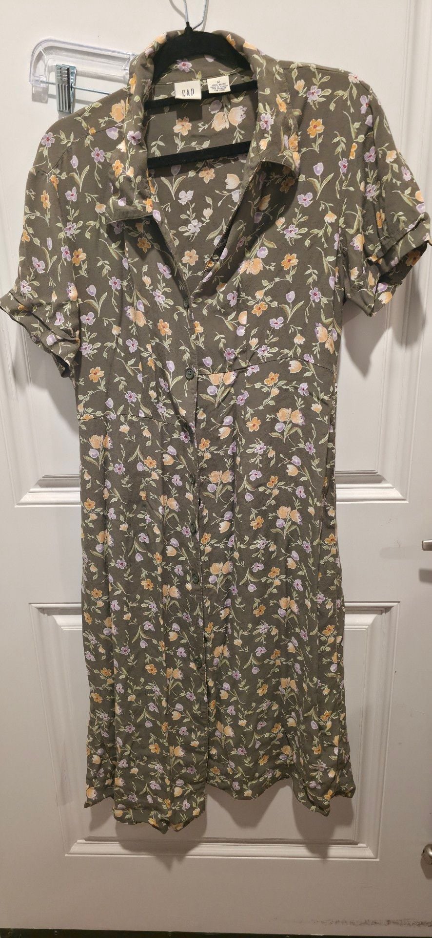 Gap Floral Midi Dress Size M Green Rayon Short Sleeve Button Front 2