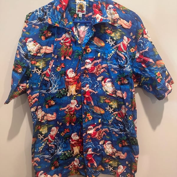 Max Boxxer Surfing Santa Hawaiian Shirt Size L Blue Christmas Aloha