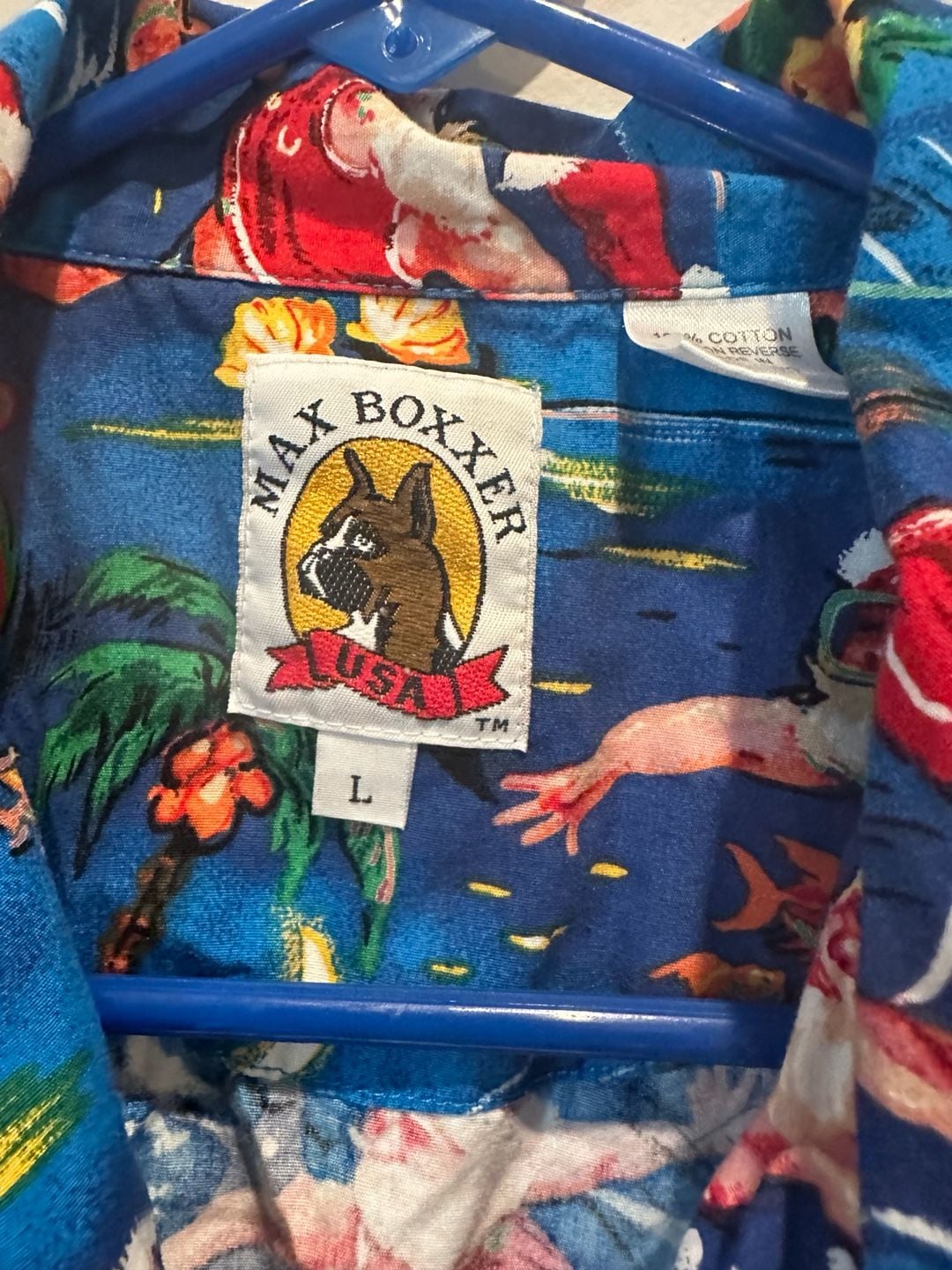 Max Boxxer Surfing Santa Hawaiian Shirt Size L Blue Christmas Aloha 3