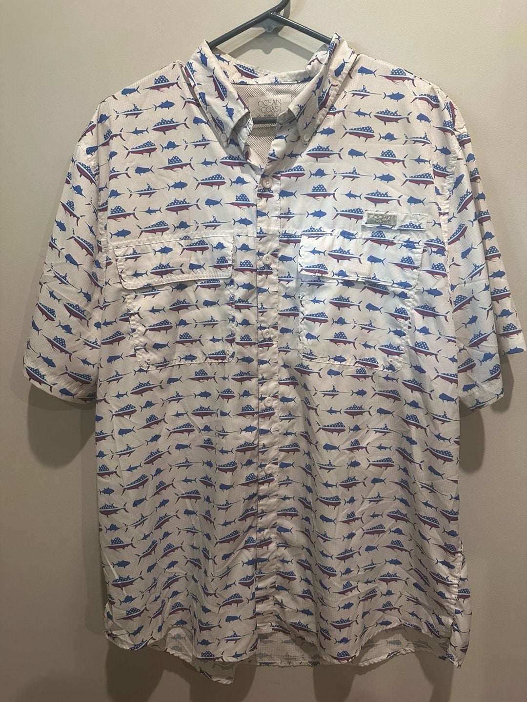 Ocean Coast Patriotic Fish Fishing Shirt Size L White Red Blue 2
