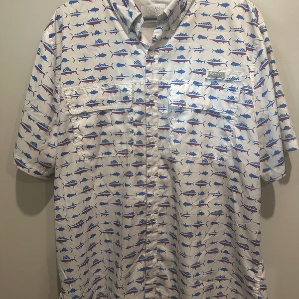 Ocean Coast Patriotic Fish Fishing Shirt Size L White Red Blue