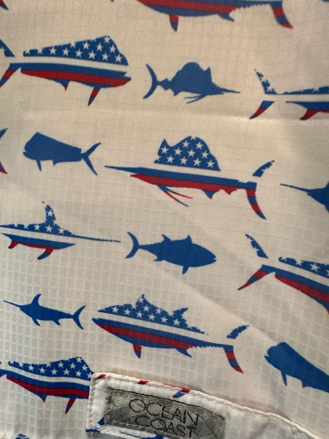 Ocean Coast Patriotic Fish Fishing Shirt Size L White Red Blue 4