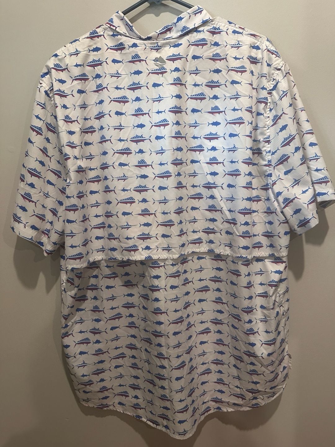 Ocean Coast Patriotic Fish Fishing Shirt Size L White Red Blue 5