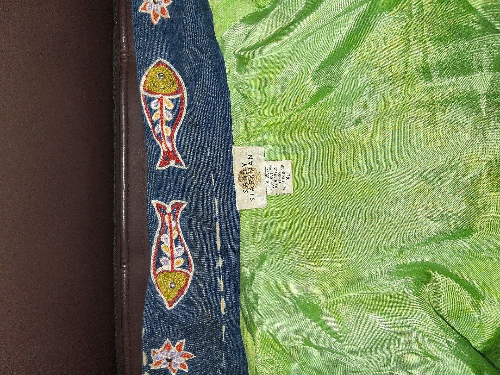 Sandy Starkman Embroidered Jacket Size XL Blue Green Cotton Beaded Camel 2
