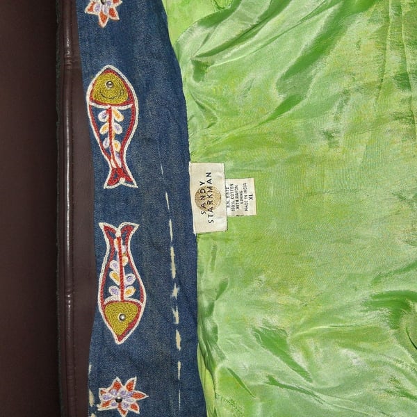 Sandy Starkman Embroidered Jacket Size XL Blue Green Cotton Beaded Camel