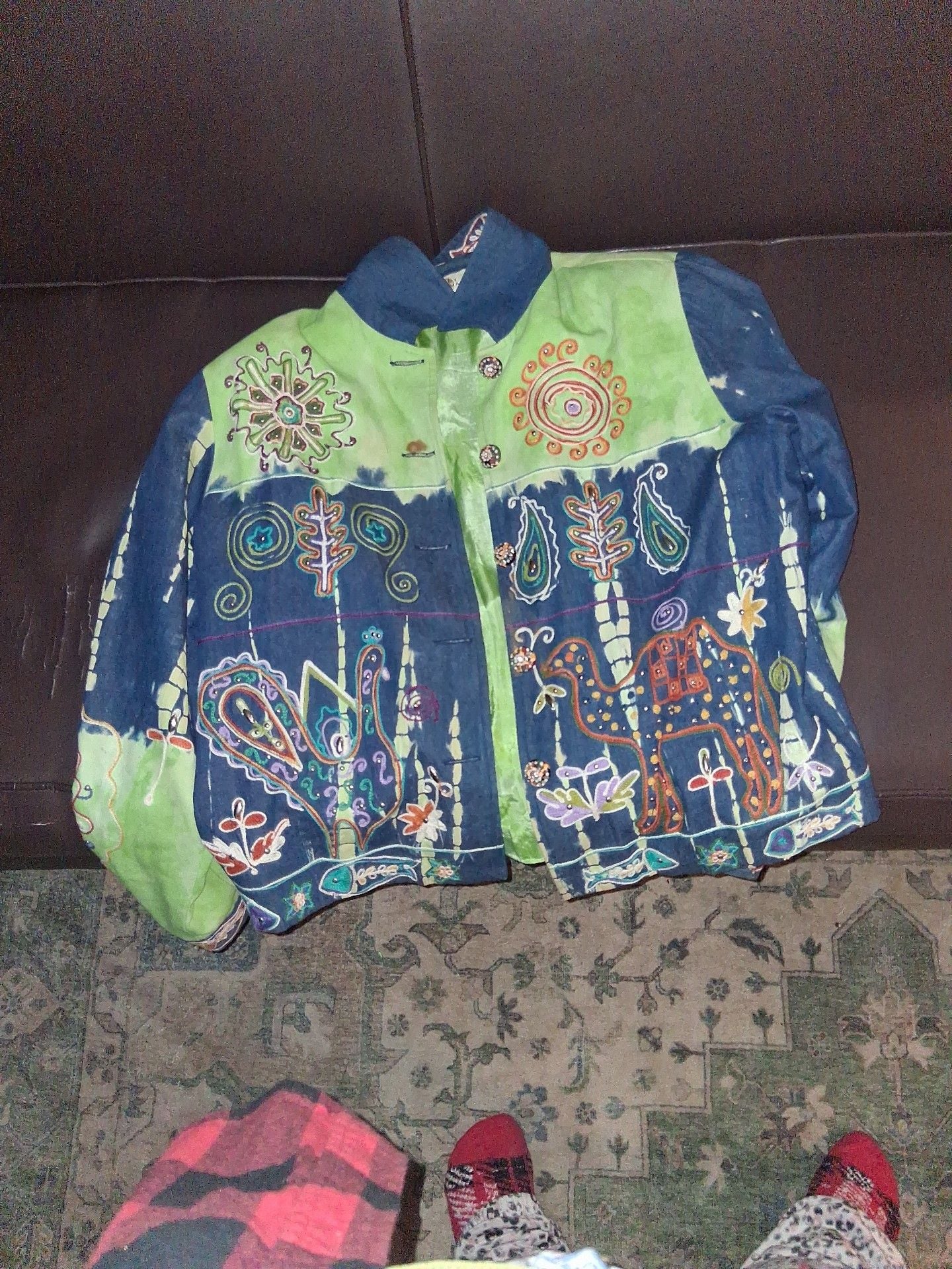 Sandy Starkman Embroidered Jacket Size XL Blue Green Cotton Beaded Camel 3