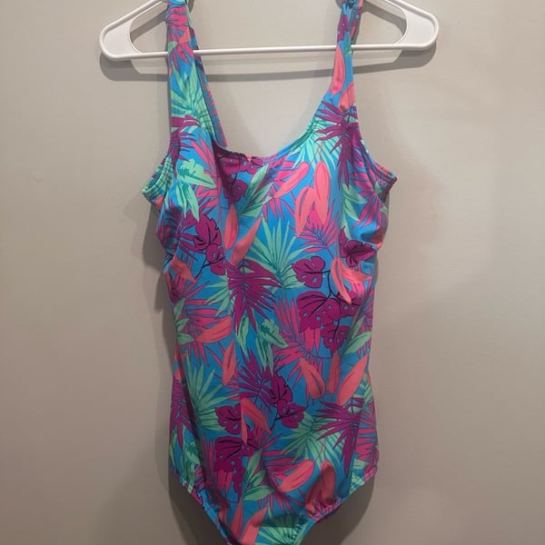 Lands' End One Piece Swimsuit Size 16 Turquoise Tropical Palms