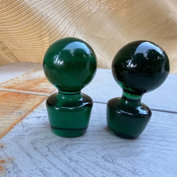 Vintage Green Glass Decanter Stoppers Pair