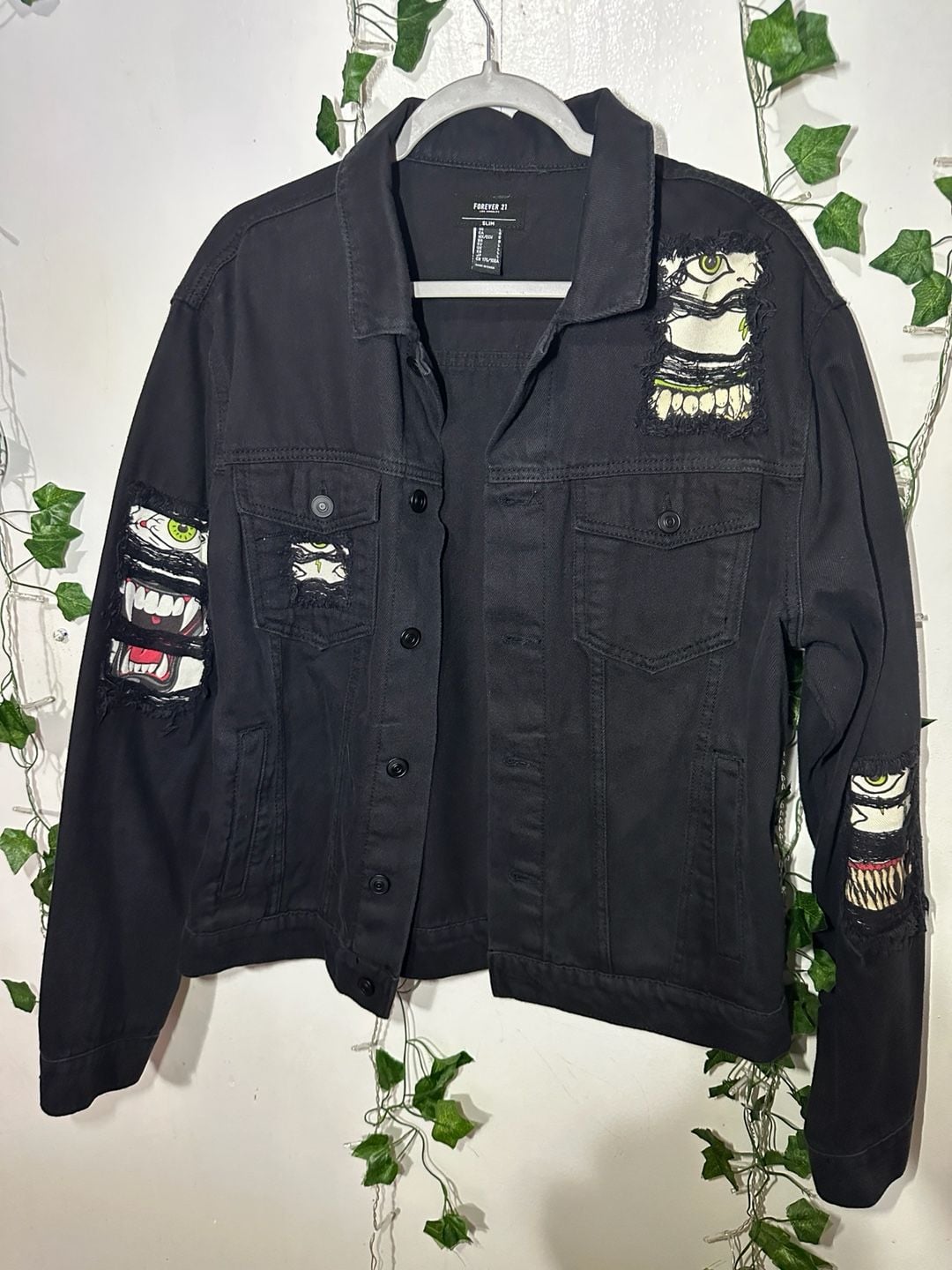 Forever 21 Denim Jacket Size M Black Monster Eye Graphic Distressed 2