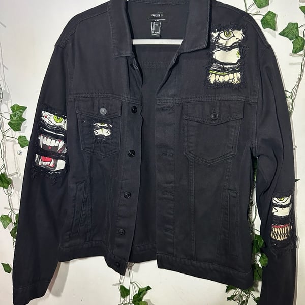 Forever 21 Denim Jacket Size M Black Monster Eye Graphic Distressed