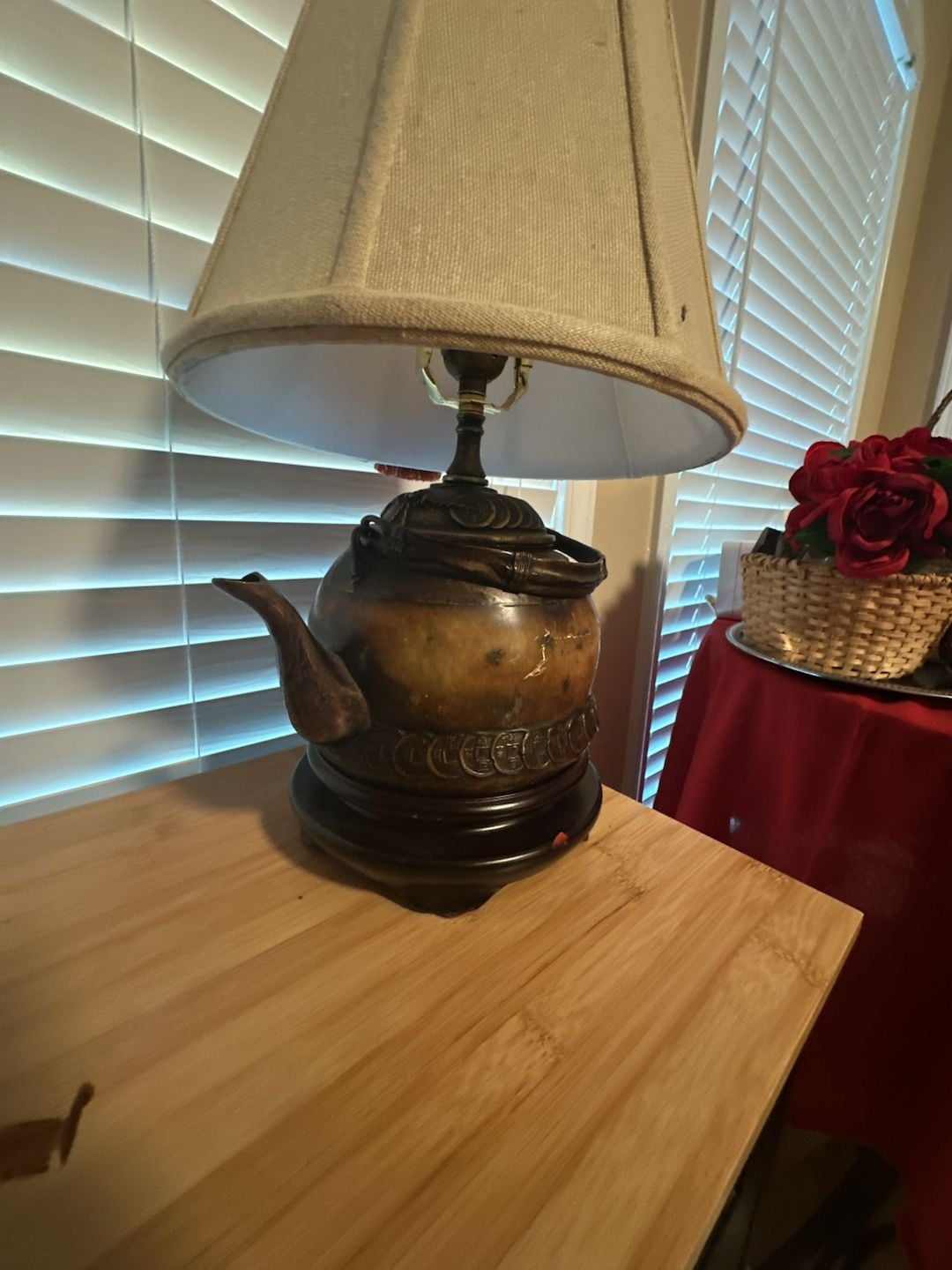 Vintage Asian Bronze Teapot Table Lamp with Coin Detail 2