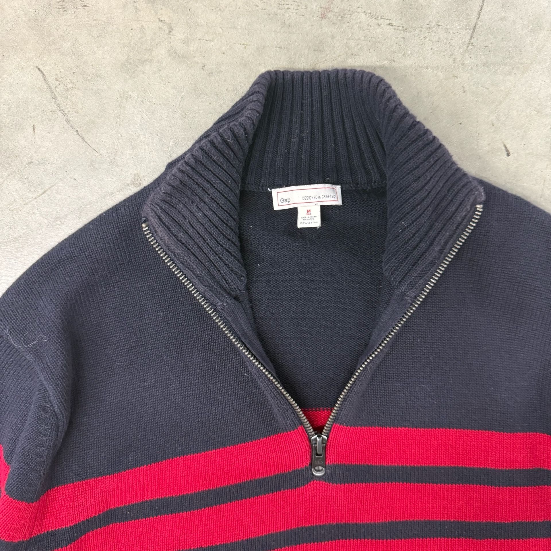 Gap Designed & Crafted Quarter Zip Sweater Size M Tall Blue Red Striped 3