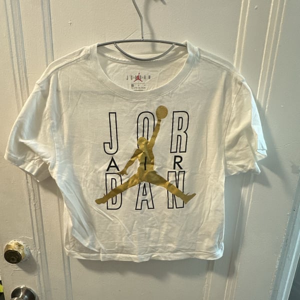 Jordan Jumpman T-Shirt Size L White Gold Black Graphic Crop Top