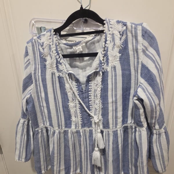 Tribal Jeans Blouse Size M Blue White Striped Embroidered Boho Peplum Top