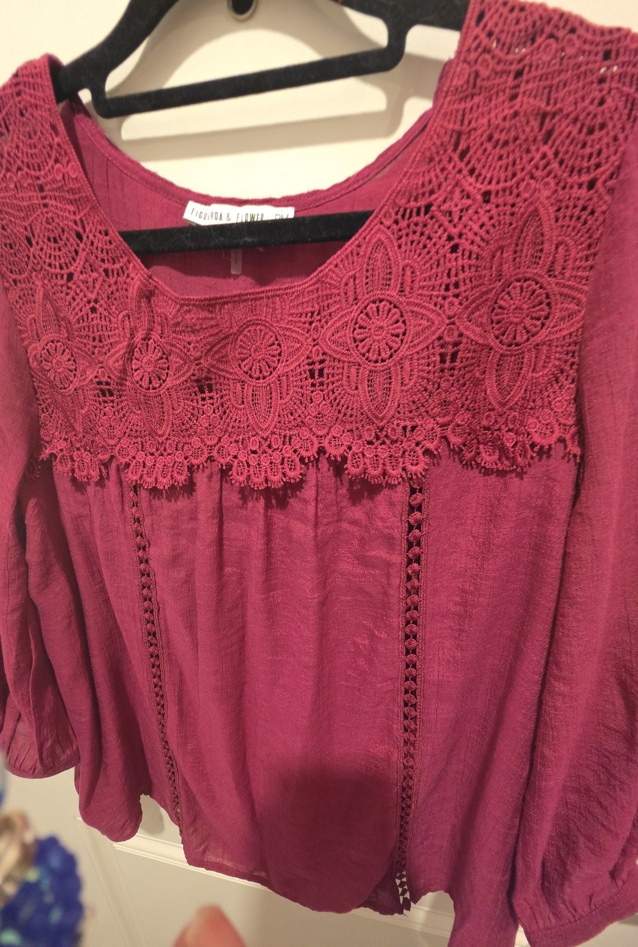 Figueroa & Flower Blouse Size PM Burgundy Crochet Lace 3