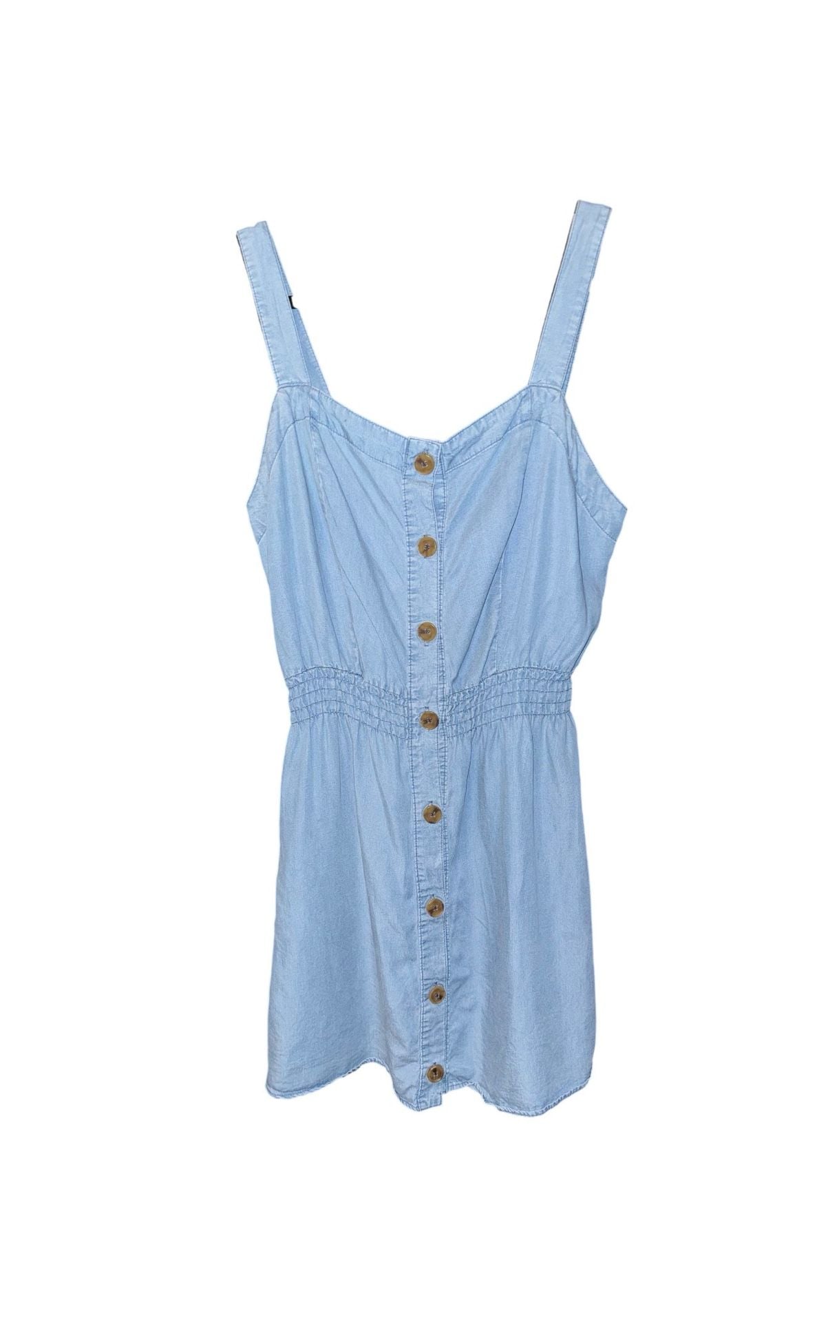 Love Tree Denim Dress Size L Light Blue Button Front Smocked Waist 2