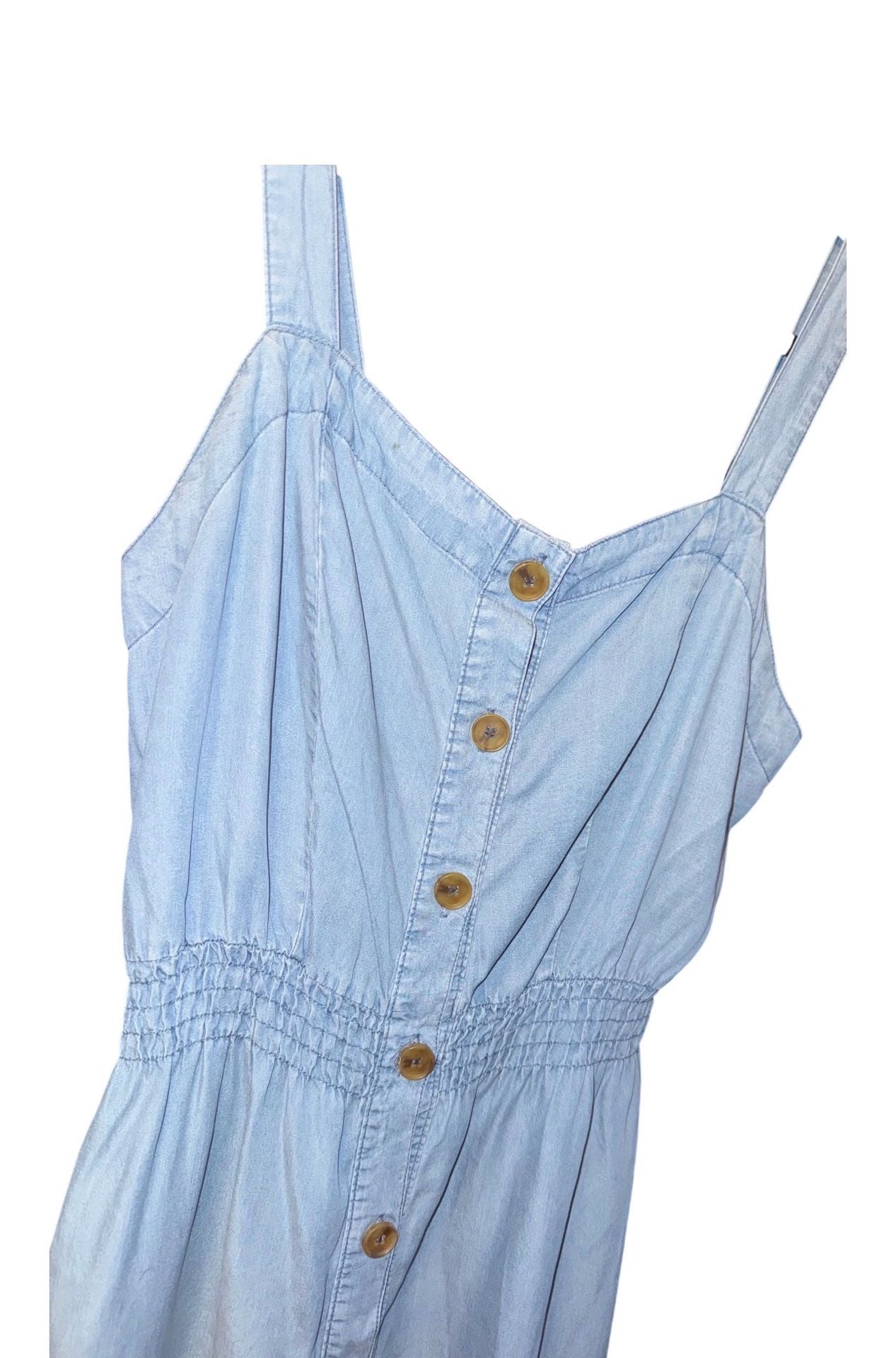 Love Tree Denim Dress Size L Light Blue Button Front Smocked Waist 4