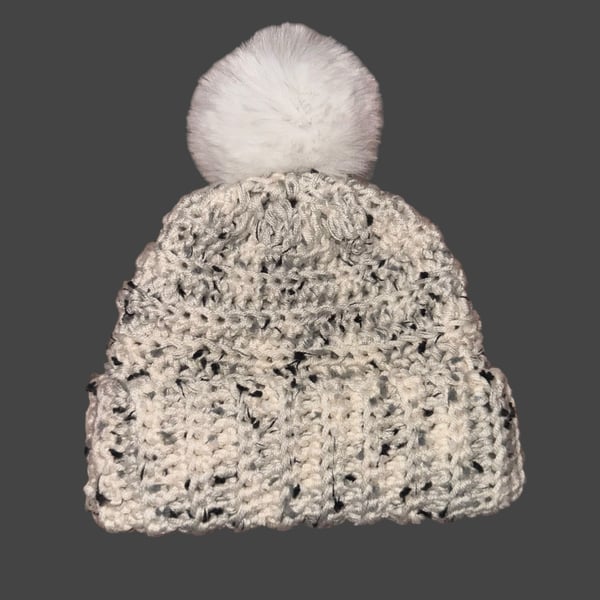 Baby Handmade Crochet Beanie with Pom Pom, Off White Tweed