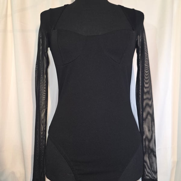 Missguided Corset Bodysuit Size US 4 Black Mesh Long Sleeve