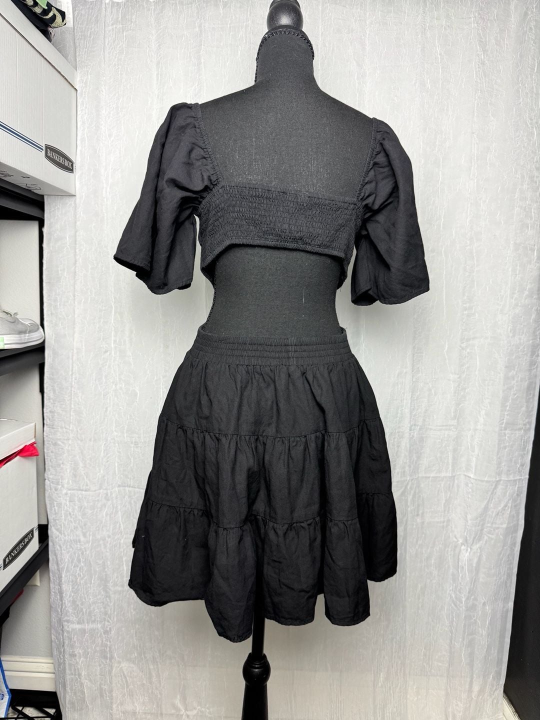 Shy Velvet Cutout Dress Size M Black Tiered Puff Sleeve Mini 7