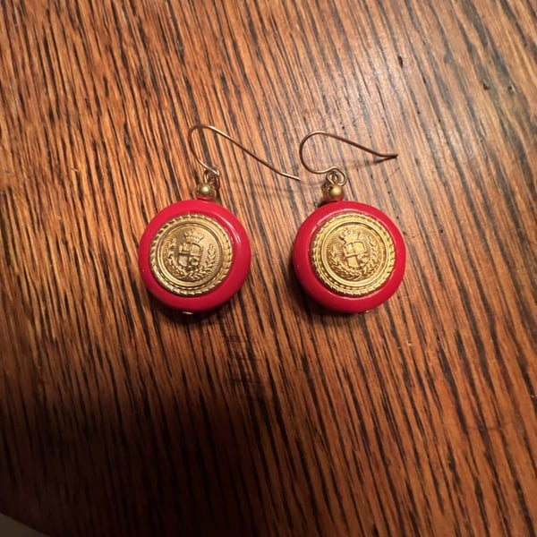 Liz Claiborne Red and Gold Crest Dangle Earrings