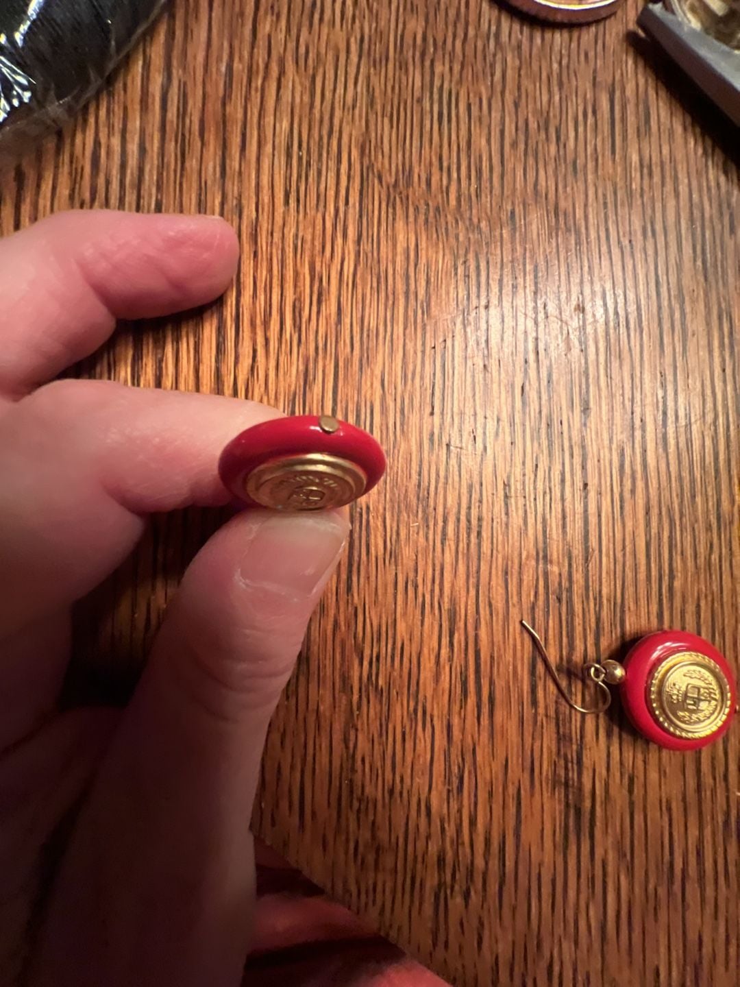 Liz Claiborne Red and Gold Crest Dangle Earrings 3